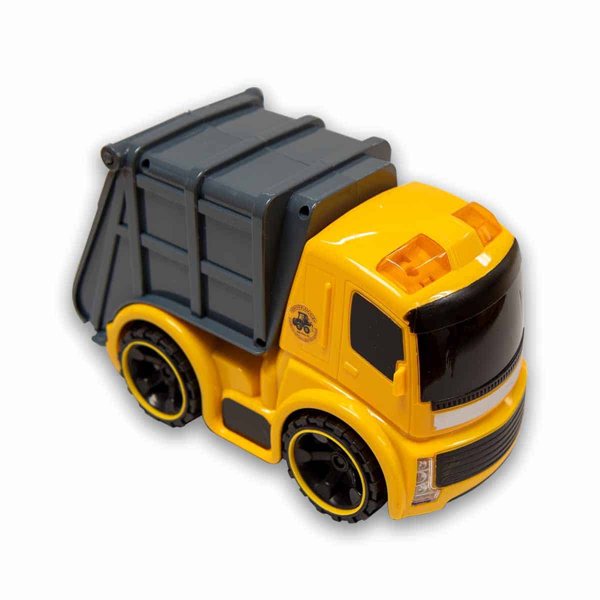 city construction yellow trash truck with gray bed facing front