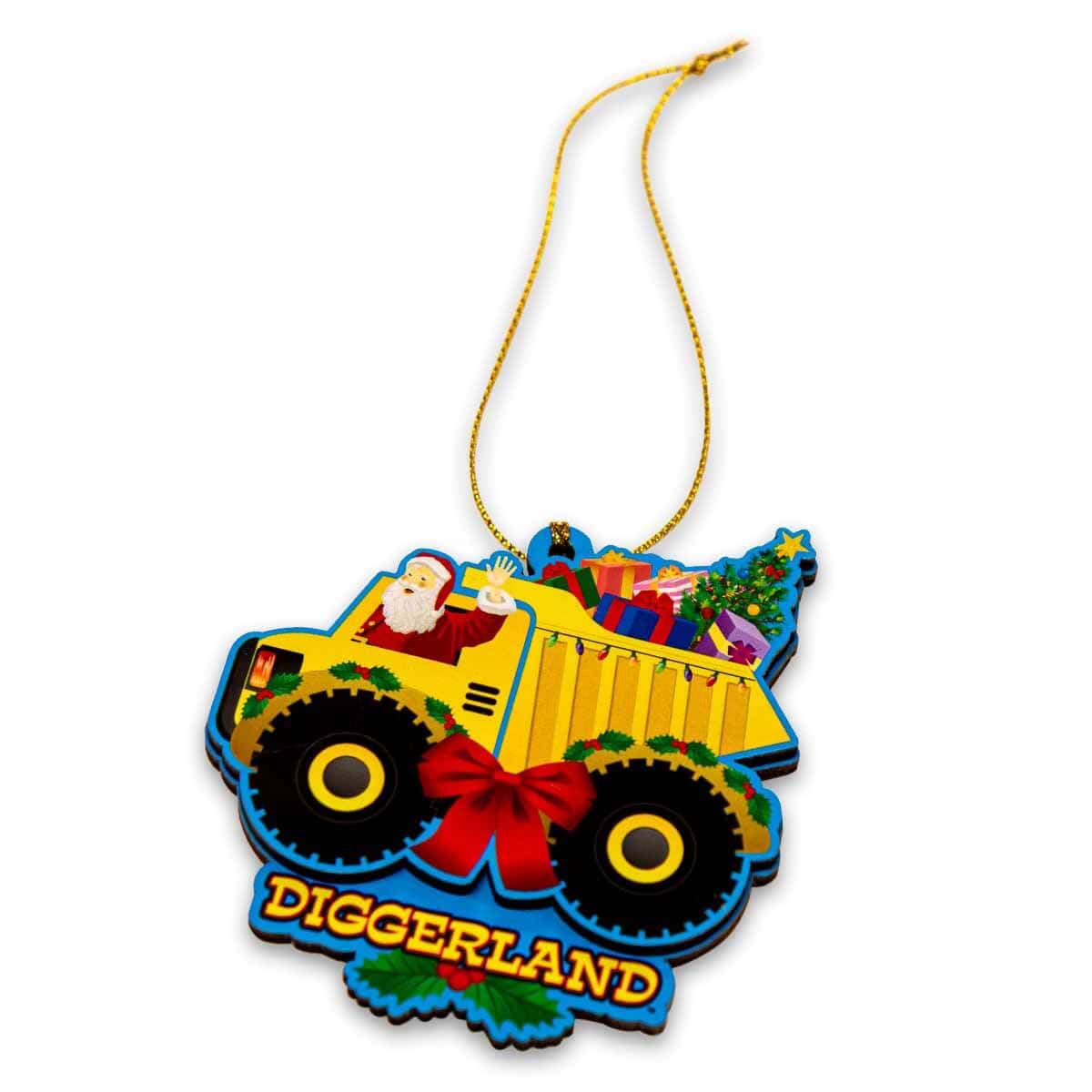 Diggerland USA 2023 Christmas ornament featuring Santa inside a dump truck loaded with presents