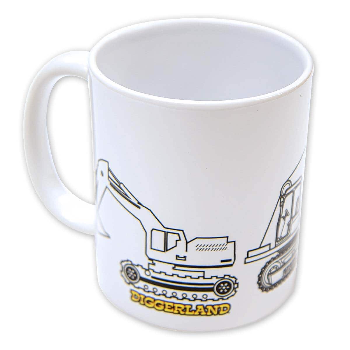 Diggerland USA marching machines white coffee cup front.