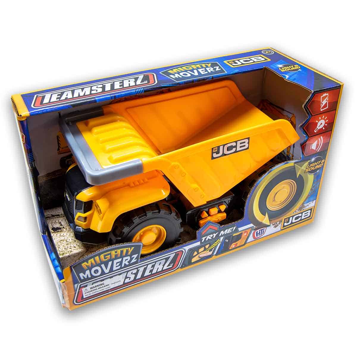 JCB yellow dump truck facing in a packaging box