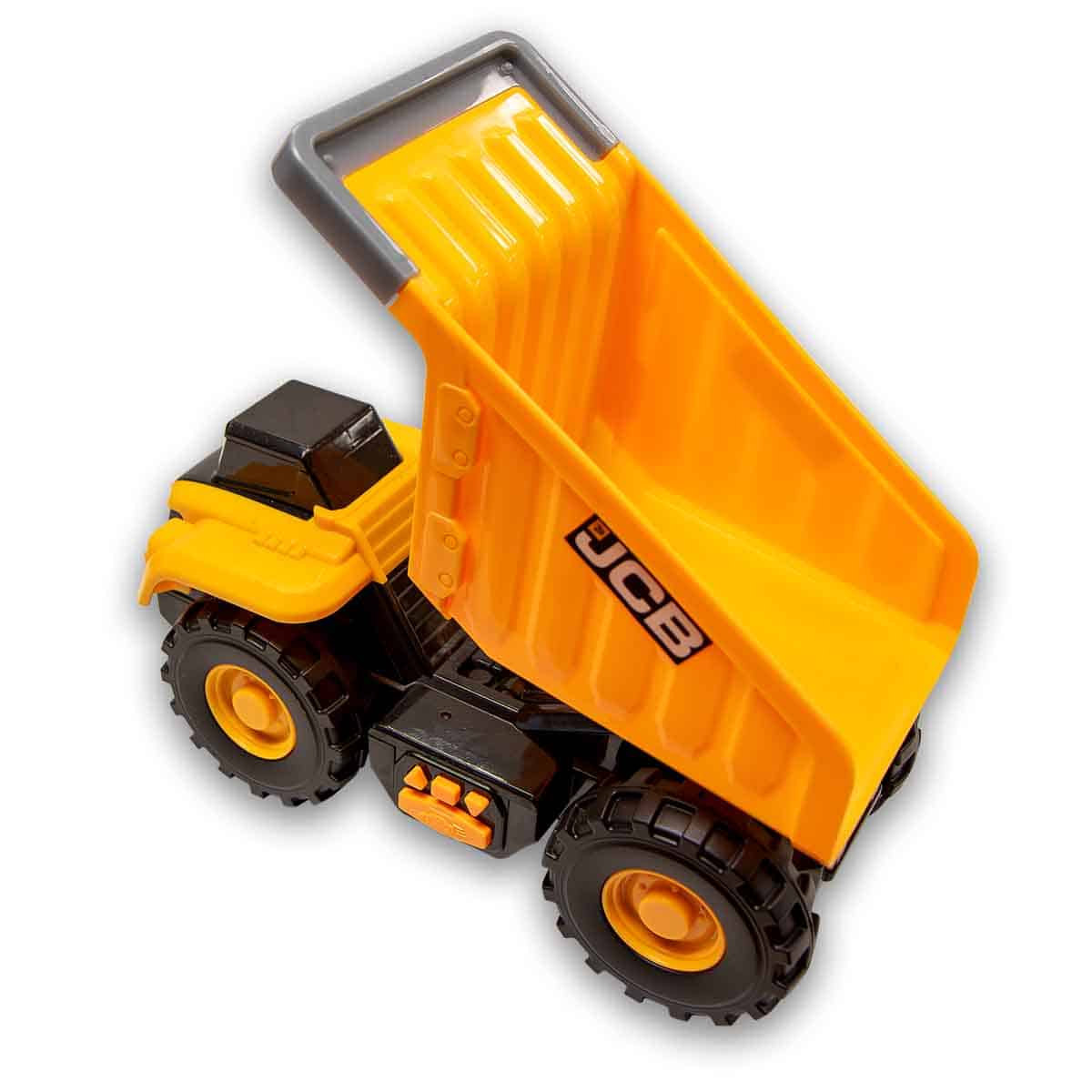 JCB yellow dump truck facing rear with body up