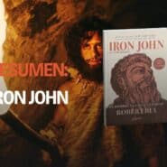 Hombre primitivo con una antorcha en una cueva junto al libro Iron John, de Robert Bly, en este resumen de Iron John