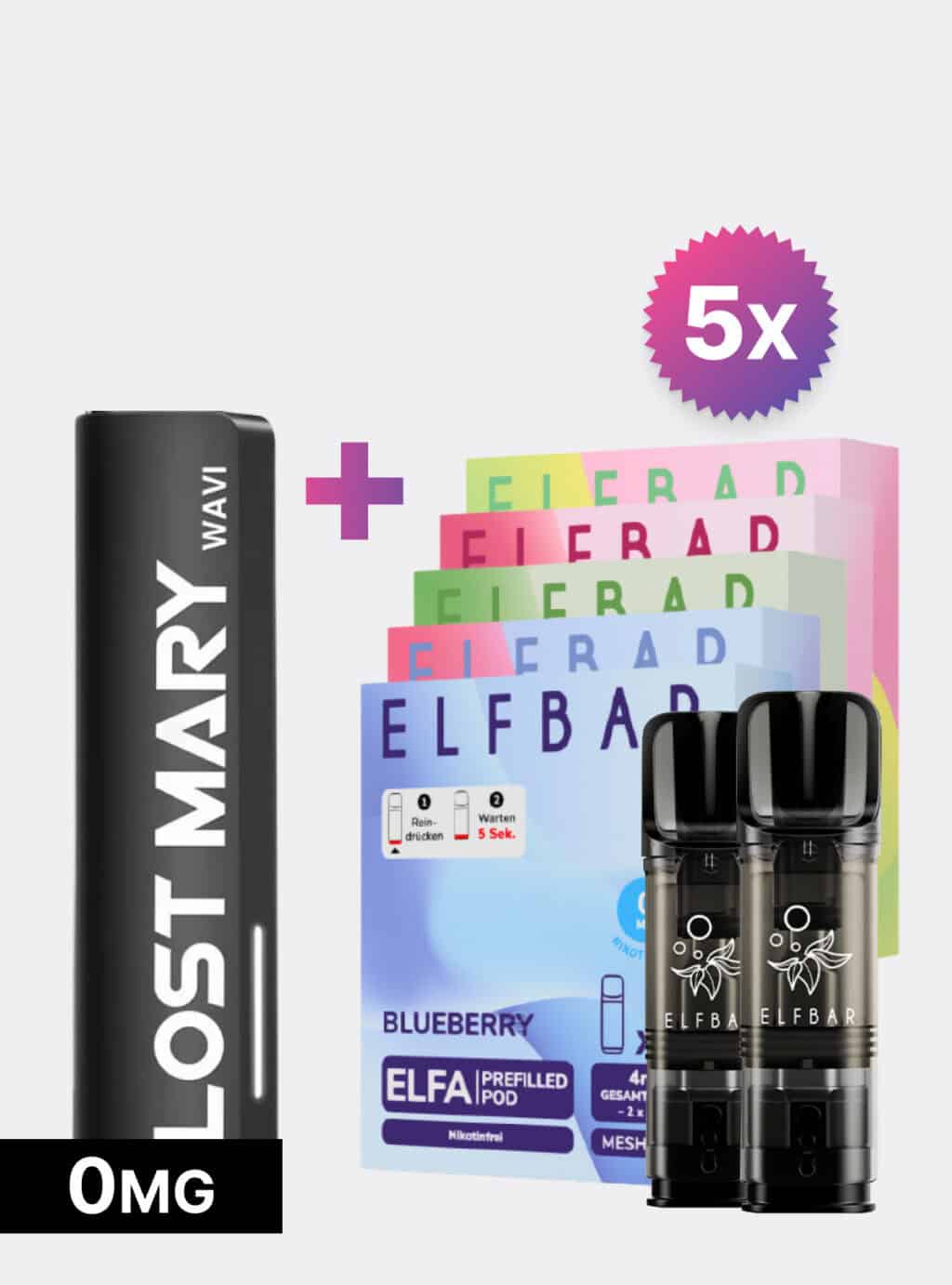 ELFBAR Pods Nikotinfrei 5er Set mit Akku mit Lost Mary WAVI Akku und ELFBAR Pods ohne Nikotin