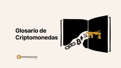 Glosario de criptomonedas: libro abierto con iconos de Bitcoin, Ethereum, blockchain y seguridad