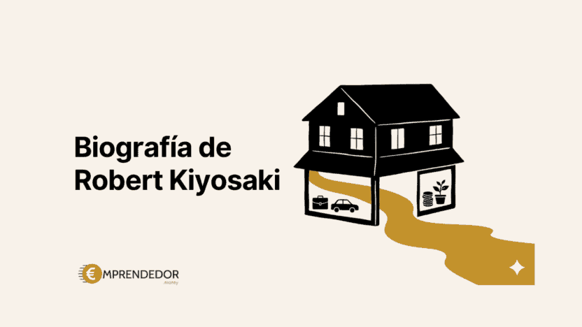 Biografía de Robert Kiyosaki: portada ilustrada con casa de activos y pasivos sobre fondo crema