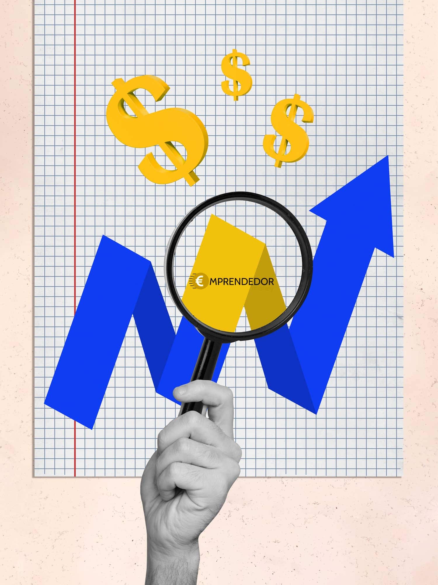 Mano sosteniendo una lupa sobre una gráfica de crecimiento financiero, con símbolos de dólar alrededor. Guía sobre cómo ganan dinero los bancos.