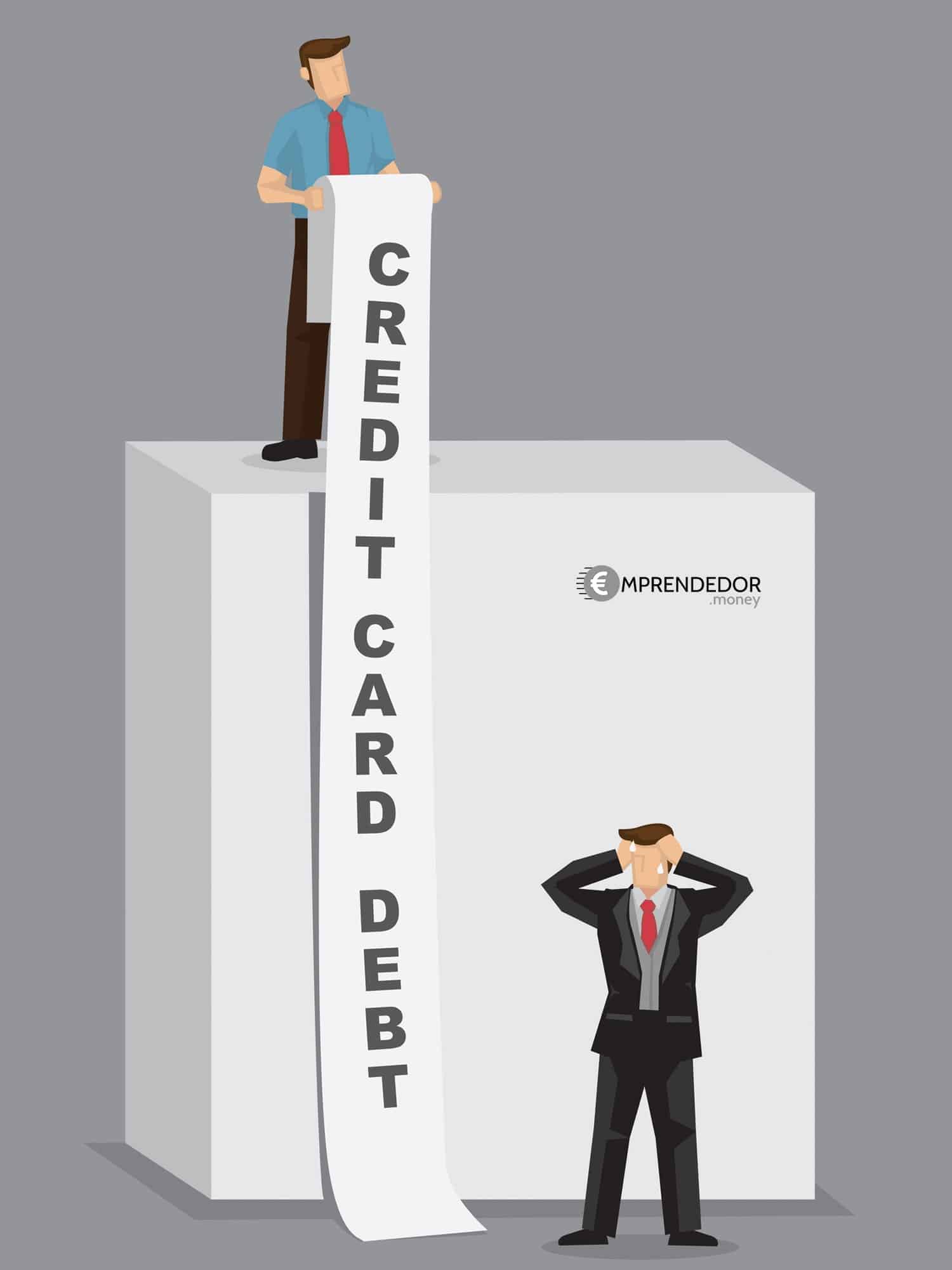 Ilustración de un hombre creando una larga lista de deudas con tarjeta de crédito, mientras otro hombre observa desesperado.