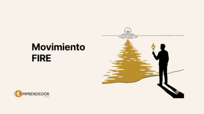 Ilustración del movimiento FIRE: silueta con antorcha frente a una isla con árbol y reflejo dorado