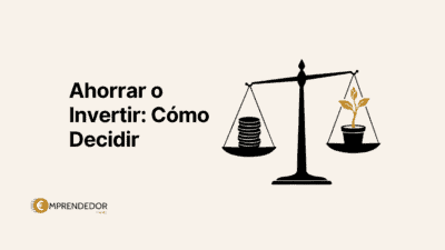 Balanza que compara ahorrar o invertir, con monedas a un lado y una planta brotando al otro