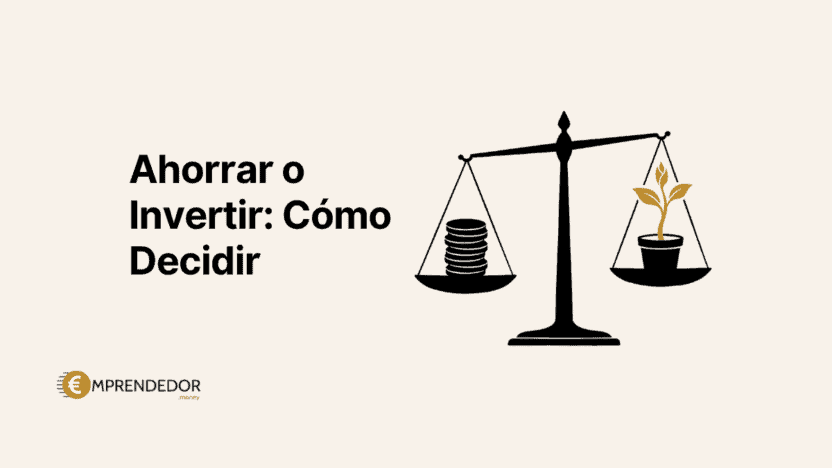 Balanza que compara ahorrar o invertir, con monedas a un lado y una planta brotando al otro