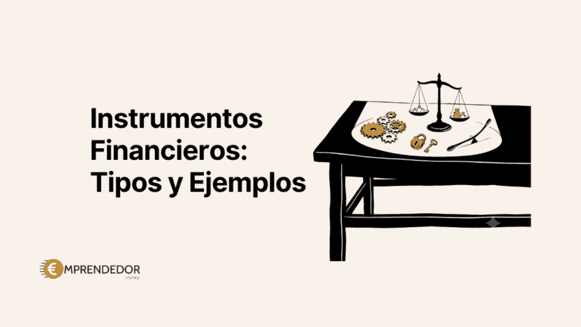 Mesa con balanza, engranajes y candado dorado: ilustración conceptual sobre instrumentos financieros, sus tipos y ejemplos