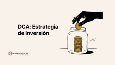 Ilustración de qué es el DCA: una mano deposita una moneda en un frasco con monedas frente a un gráfico de mercado