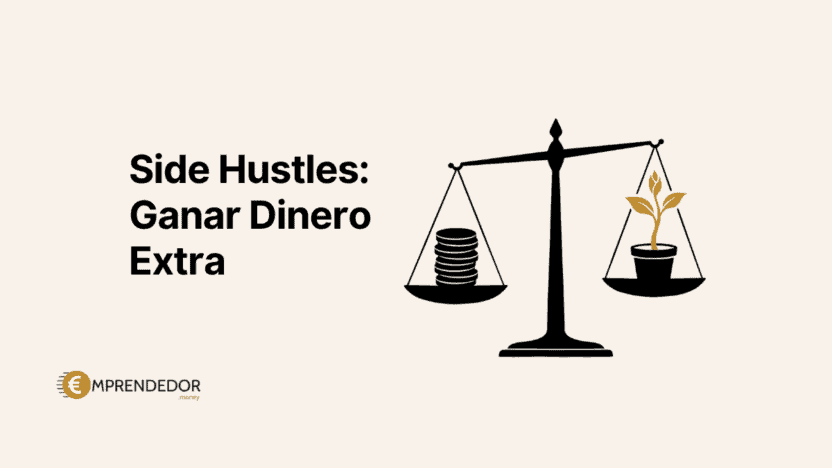 Side hustles: balanza con monedas y una planta que crece, símbolo de generar un ingreso extra