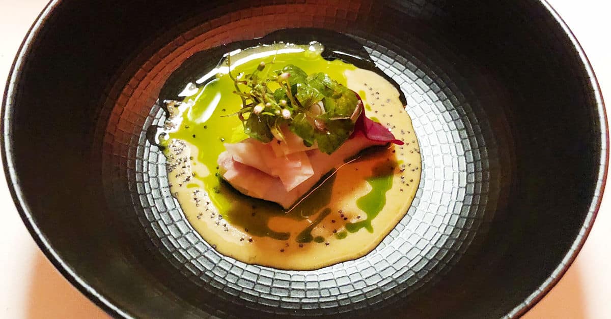Trout, whey, poppy seeds, beetroot, ground ivy, and watercress at Hisa Franko