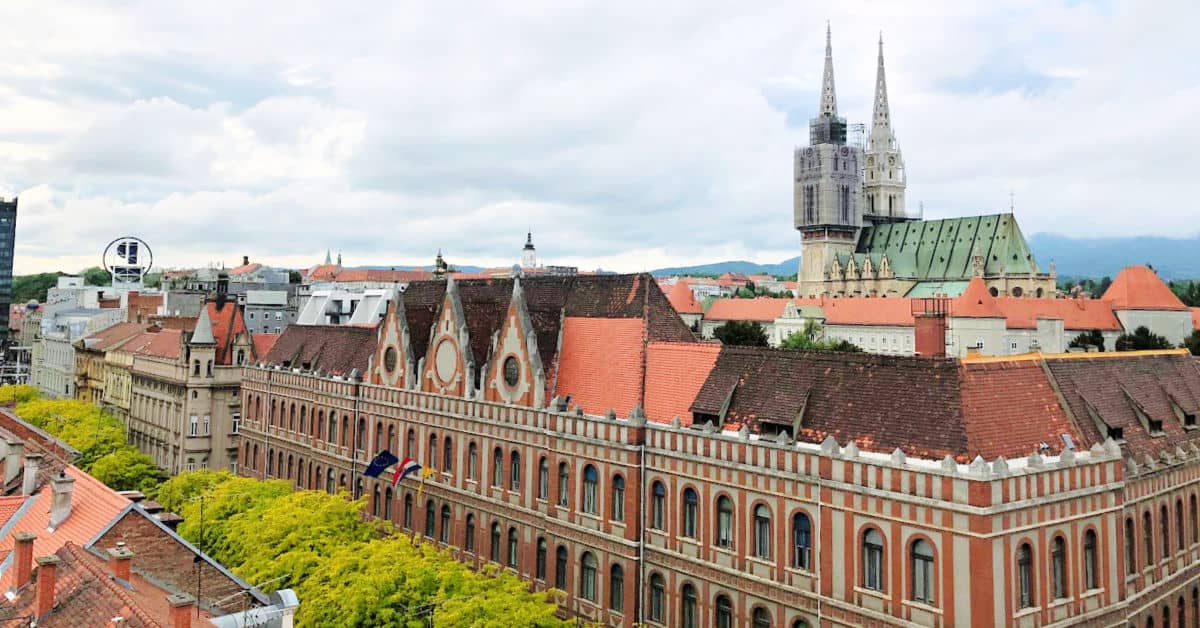 City view from balcony in room at Hotel Capital in Zagreb Croatia