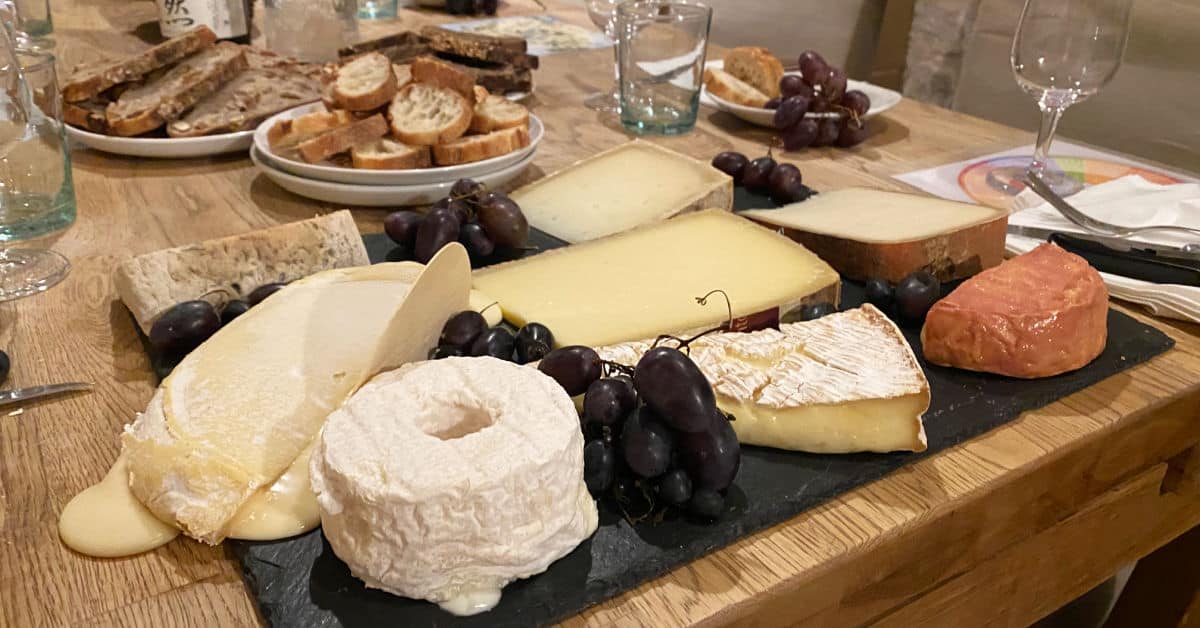 Gorgeous cheese spread at cheese tasting in Paris France