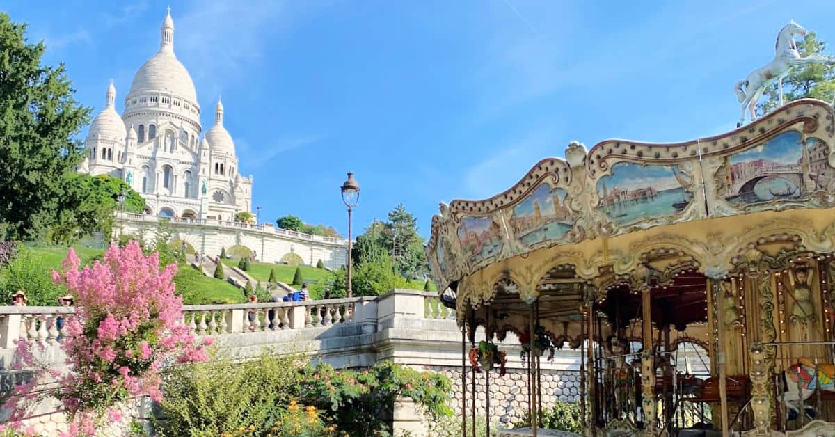 A view of Sacré-Cœur Basilica from below in Paris France