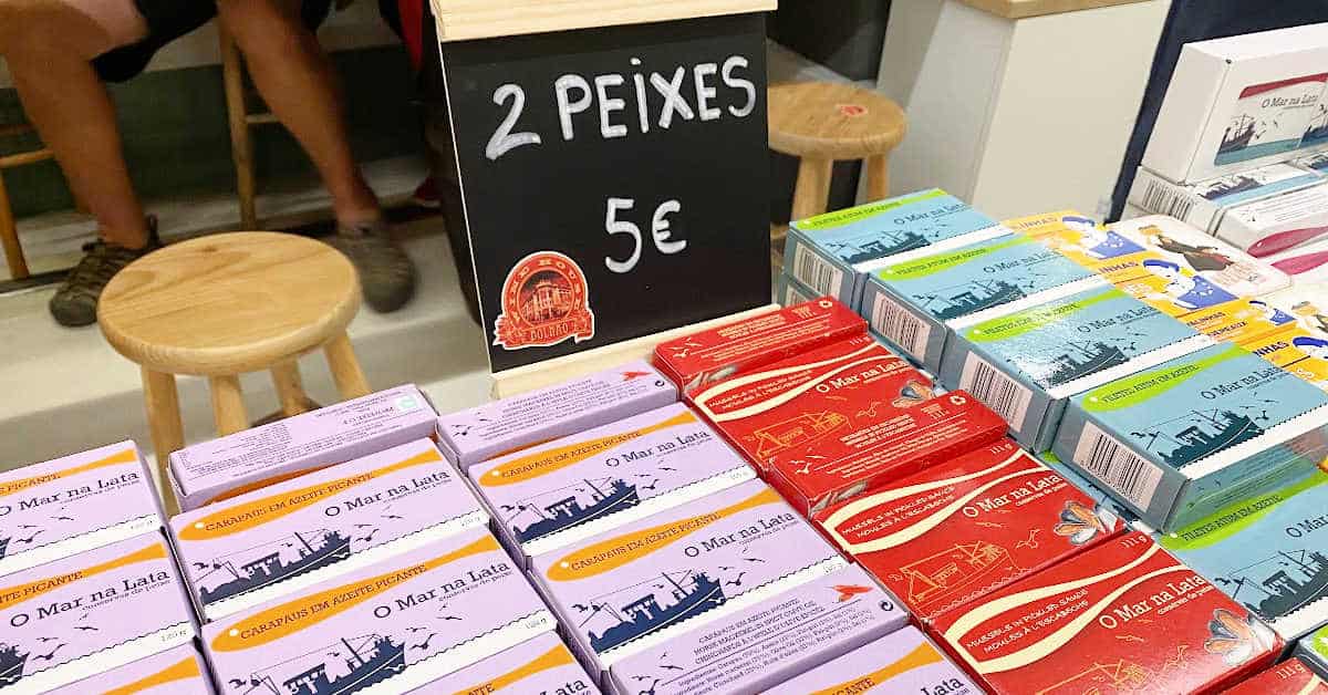 Gourmet canned sardines at Mercado do Bolhão in Porto Portugal