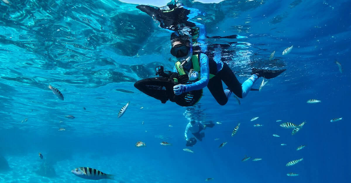 Wearing Tuga swim leggings in Moorea French Polynesia