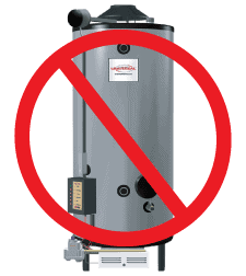 Symbolic image crossing out the type of water heater that will no longer be made under new DOE rules.