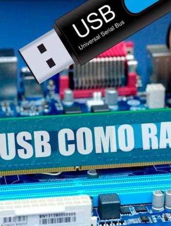 Guía práctica sobre cómo usar un USB como memoria RAM, ilustrada con una memoria USB y una placa base para mejorar el rendimiento.