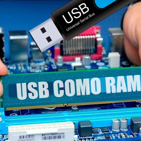 Guía práctica sobre cómo usar un USB como memoria RAM, ilustrada con una memoria USB y una placa base para mejorar el rendimiento.