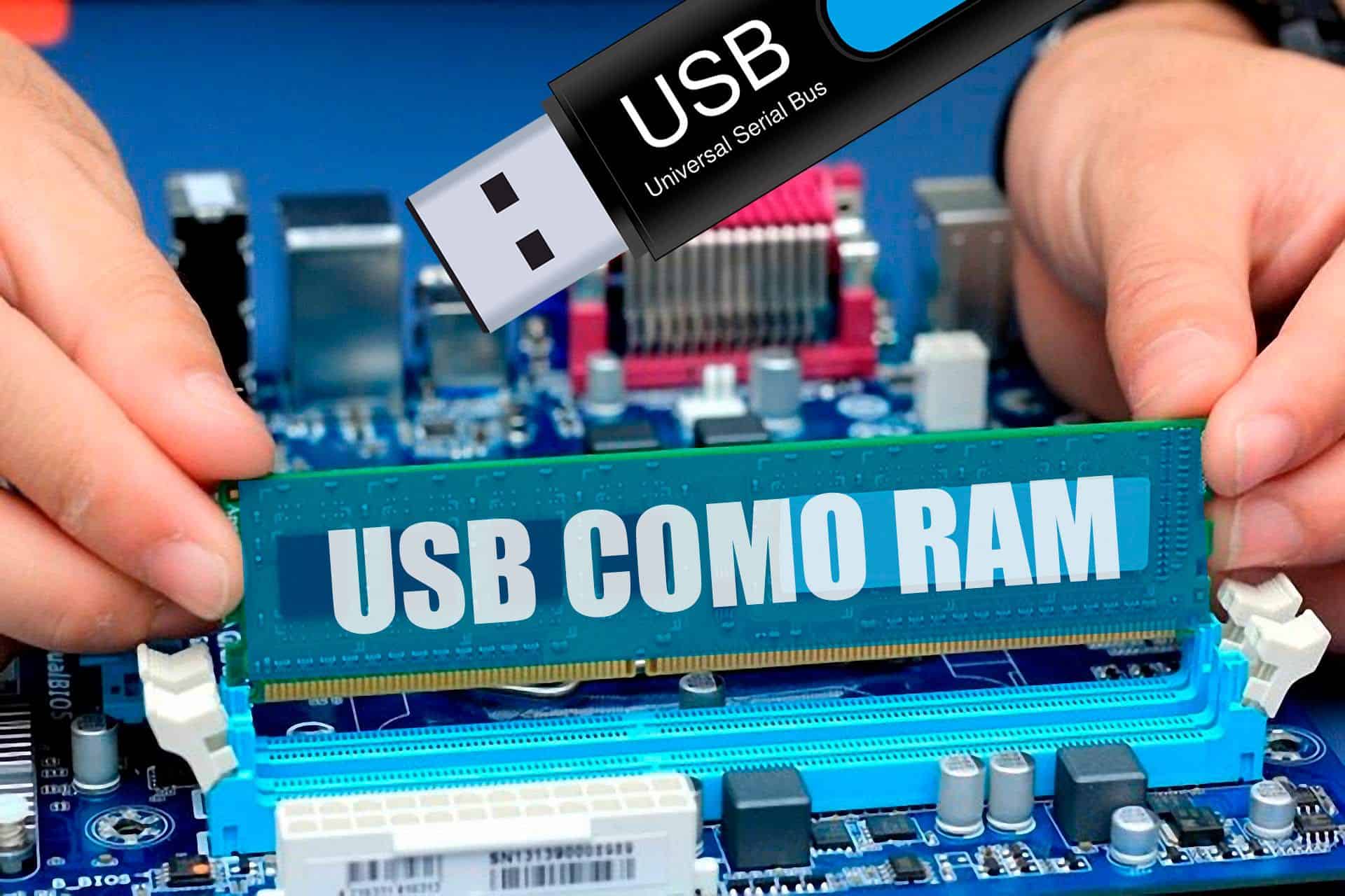 Guía práctica sobre cómo usar un USB como memoria RAM, ilustrada con una memoria USB y una placa base para mejorar el rendimiento.