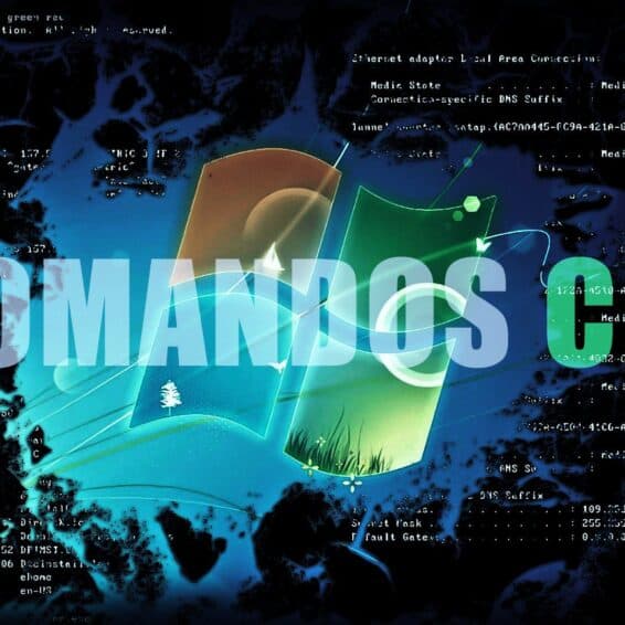 Ilustración conceptual de comandos CMD avanzados y desconocidos sobre un fondo digital con el logo de Windows y código.