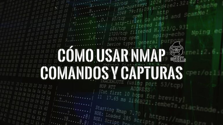 Cómo usar Nmap, comandos y capturas: texto de EsGeeks sobre la salida de un escaneo de Nmap en la terminal