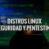 Figura encapuchada frente a un portátil con el texto "Distros Linux Seguridad y Pentesting" sobre un fondo de código.