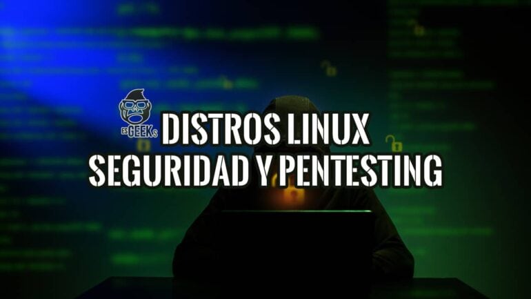Figura encapuchada frente a un portátil con el texto "Distros Linux Seguridad y Pentesting" sobre un fondo de código.