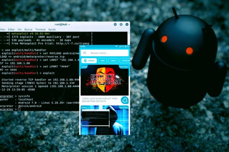 Terminal de Kali Linux con una sesión Meterpreter activa en un dispositivo Android, demostrando un exploit exitoso con Metasploit.