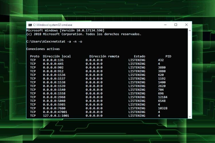 Ver puertos abiertos en Windows: salida de netstat -a -n -o con puertos en escucha (LISTENING)