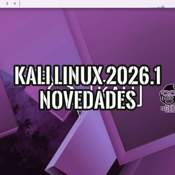 Escritorio Kali Linux 2026.1 con el nuevo tema visual púrpura y el texto "Kali Linux 2026.1 Novedades" superpuesto junto al logo de esGEEKs