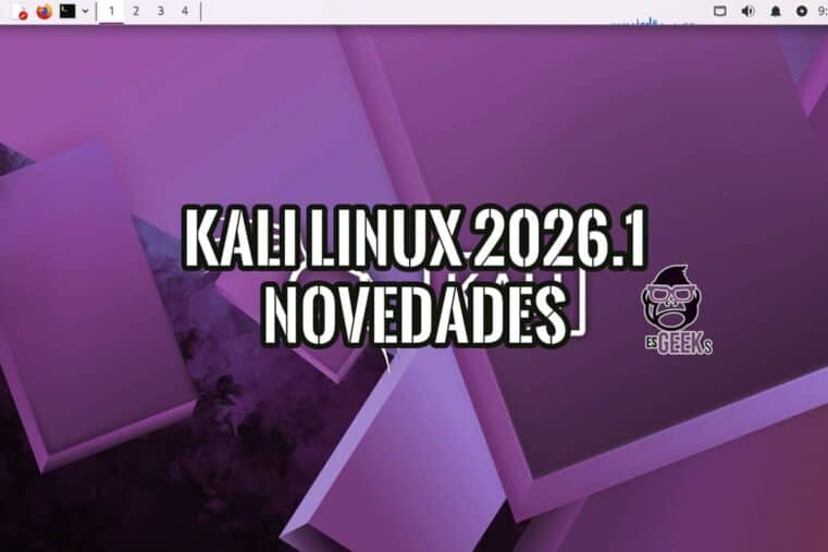 Escritorio Kali Linux 2026.1 con el nuevo tema visual púrpura y el texto "Kali Linux 2026.1 Novedades" superpuesto junto al logo de esGEEKs