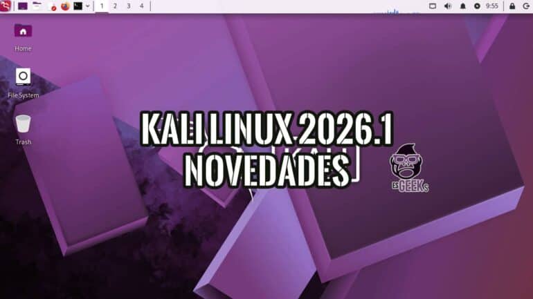 Escritorio Kali Linux 2026.1 con el nuevo tema visual púrpura y el texto "Kali Linux 2026.1 Novedades" superpuesto junto al logo de esGEEKs