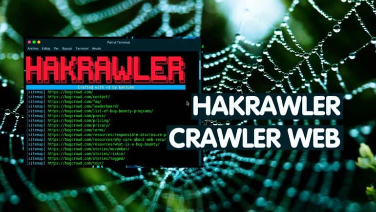 Ilustración conceptual de Hakrawler como una entidad robótica de reconocimiento digital con ojos rojos y circuitos