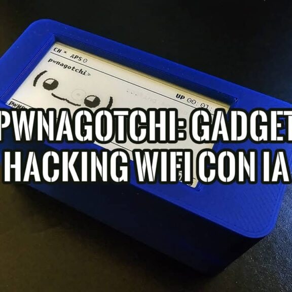 Primer plano de un Pwnagotchi, el gadget para pentesting WiFi, dentro de una carcasa azul y con su pantalla e-paper activa.