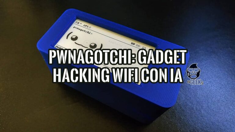 Primer plano de un Pwnagotchi, el gadget para pentesting WiFi, dentro de una carcasa azul y con su pantalla e-paper activa.