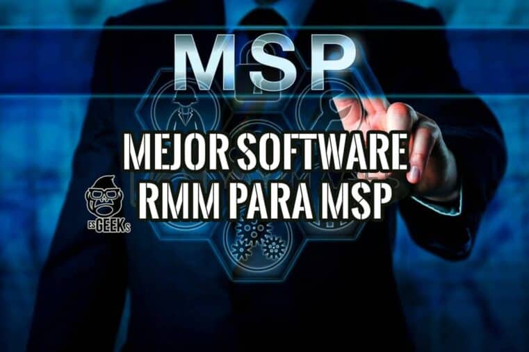 Profesional selecciona el mejor software RMM y MSP en un panel de hexágonos con iconos de gestión de TI