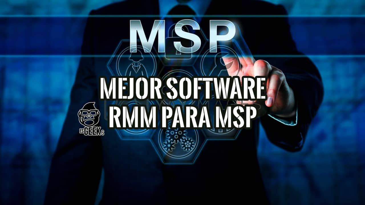 Profesional selecciona el mejor software RMM y MSP en un panel de hexágonos con iconos de gestión de TI