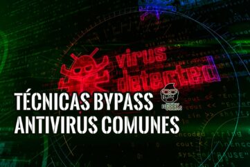 Imagen conceptual sobre técnicas de bypass antivirus con un ícono de virus rojo y código de programación de fondo.