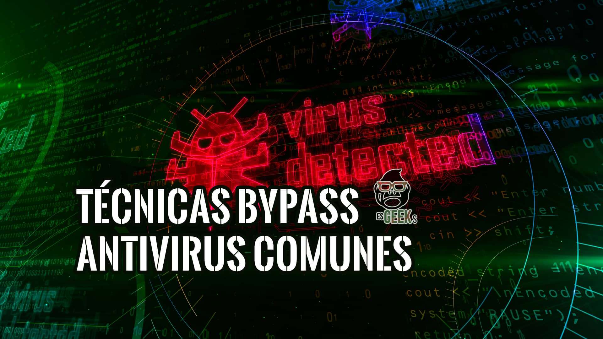 Imagen conceptual sobre técnicas de bypass antivirus con un ícono de virus rojo y código de programación de fondo.