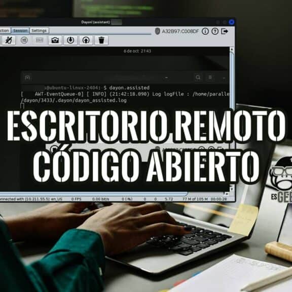 Escritorio remoto open source con Dayon! controlando un Ubuntu, sobre una persona trabajando en su portátil junto a un móvil