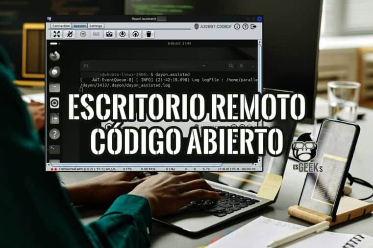 Escritorio remoto open source con Dayon! controlando un Ubuntu, sobre una persona trabajando en su portátil junto a un móvil