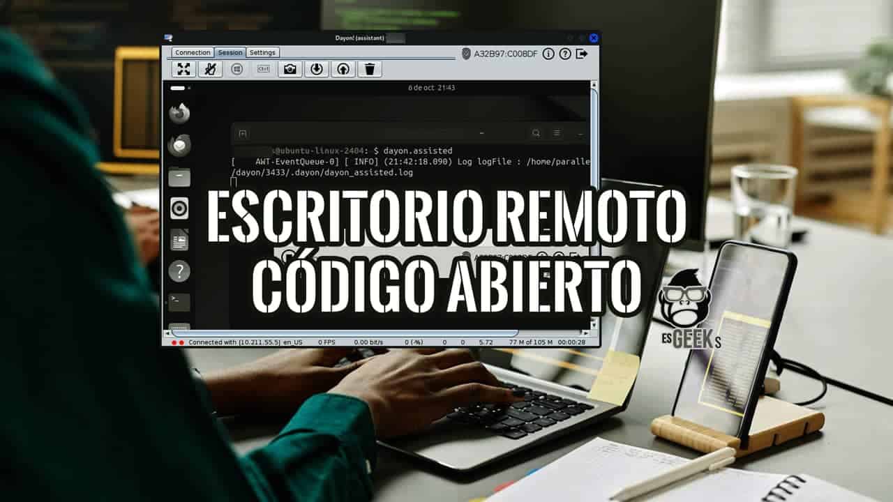 Escritorio remoto open source con Dayon! controlando un Ubuntu, sobre una persona trabajando en su portátil junto a un móvil