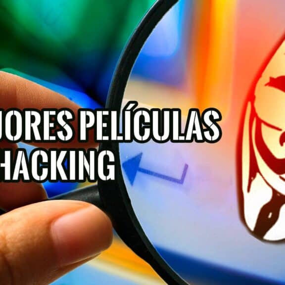Mano con lupa junto a una máscara de Anonymous, una imagen para la lista de las mejores películas de hackers y hacking.