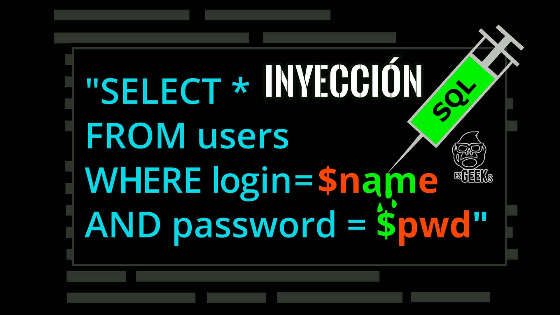 Ilustración que muestra un ejemplo de vulnerabilidad por inyección SQL con una jeringa apuntando a una consulta de base de datos.
