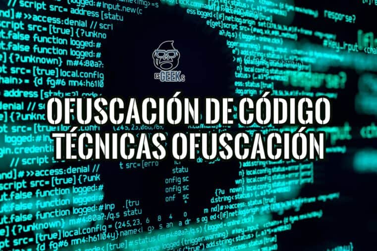 Imagen conceptual sobre la ofuscación de código con líneas de programación ilegibles en un fondo oscuro y digital.